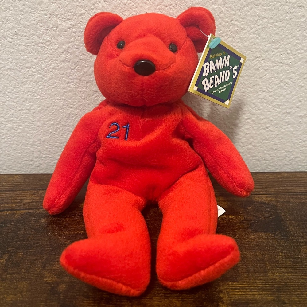 Vintage 1998 Sammy Sosa Salvinos Bamm Beanos Red Plush Bear Baseball Chicago